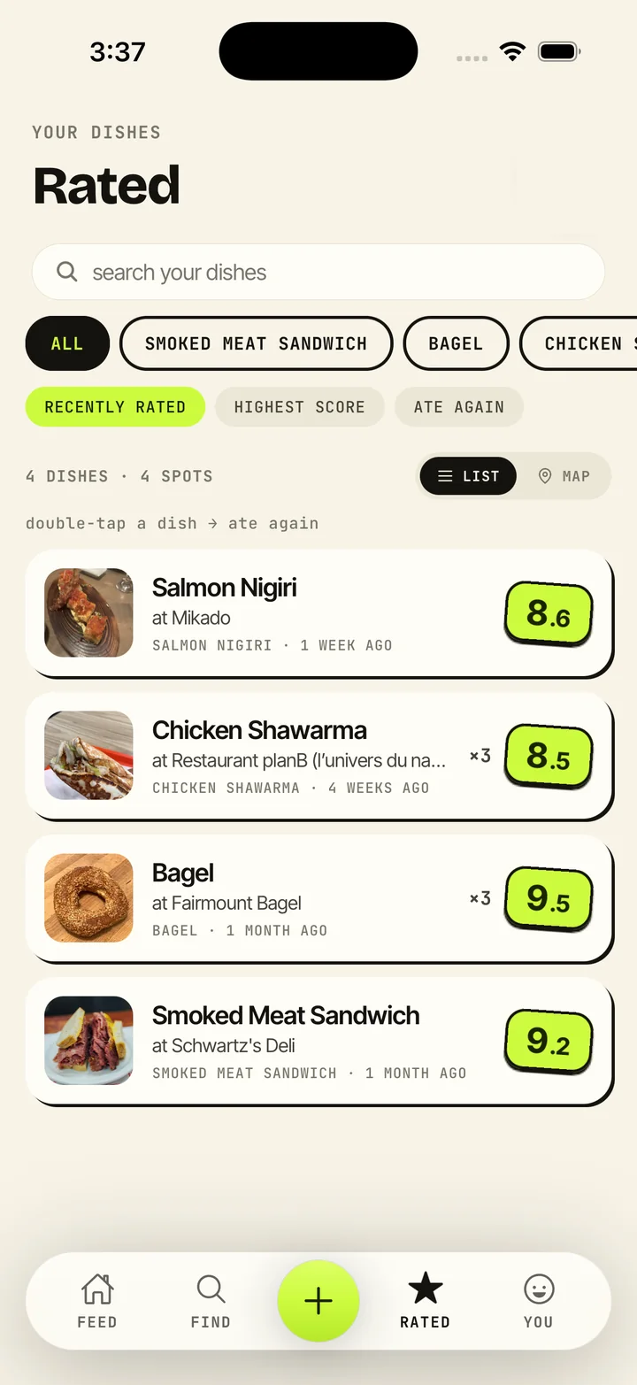 The Rated tab listing your own dish history — 82 dishes across 36 spots, with filters and scores.
